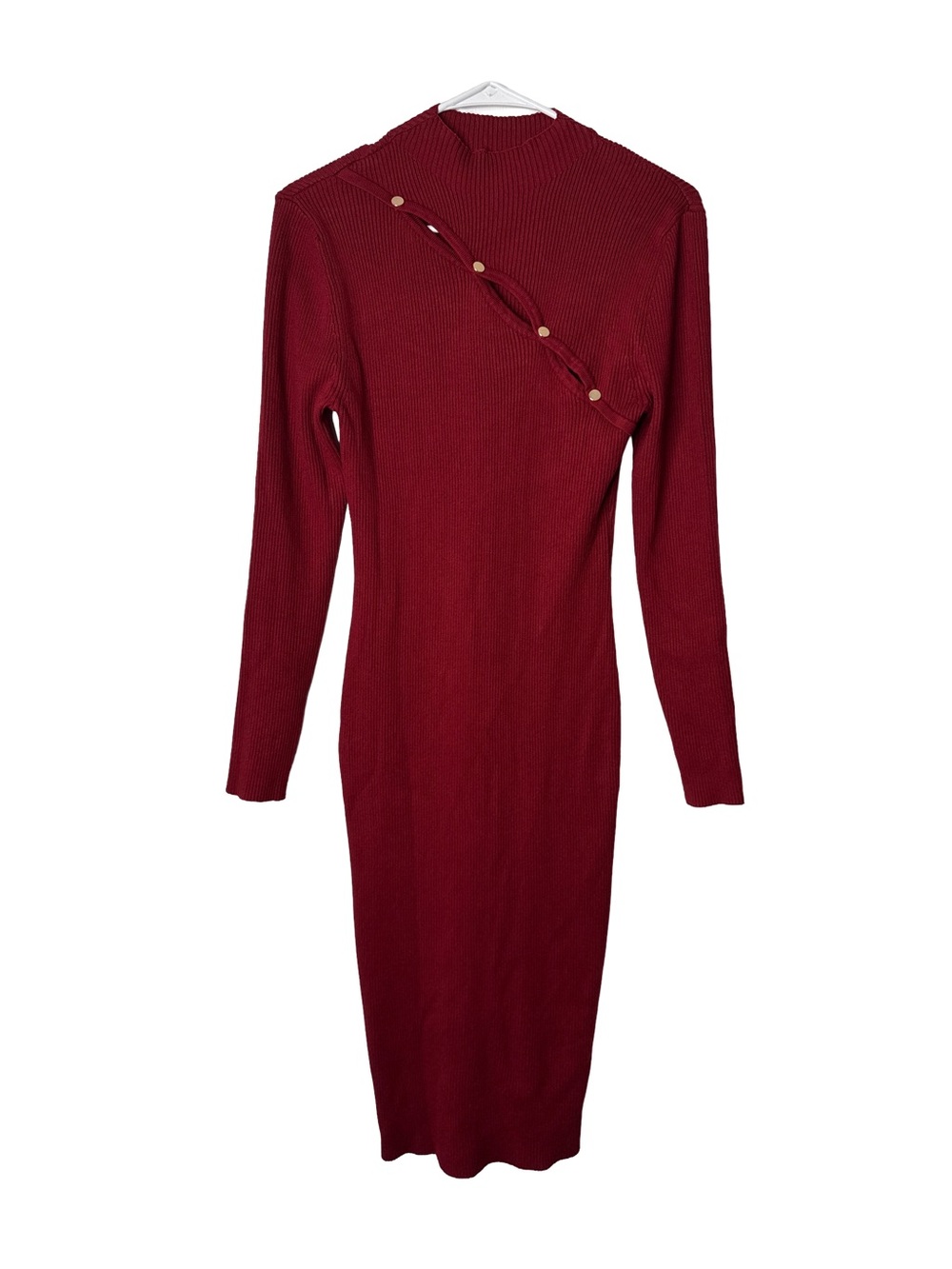 MADDEN GIRL Women’s Y2K 90’s Red Ribbed Long Bodycon Dress Button Accent Large